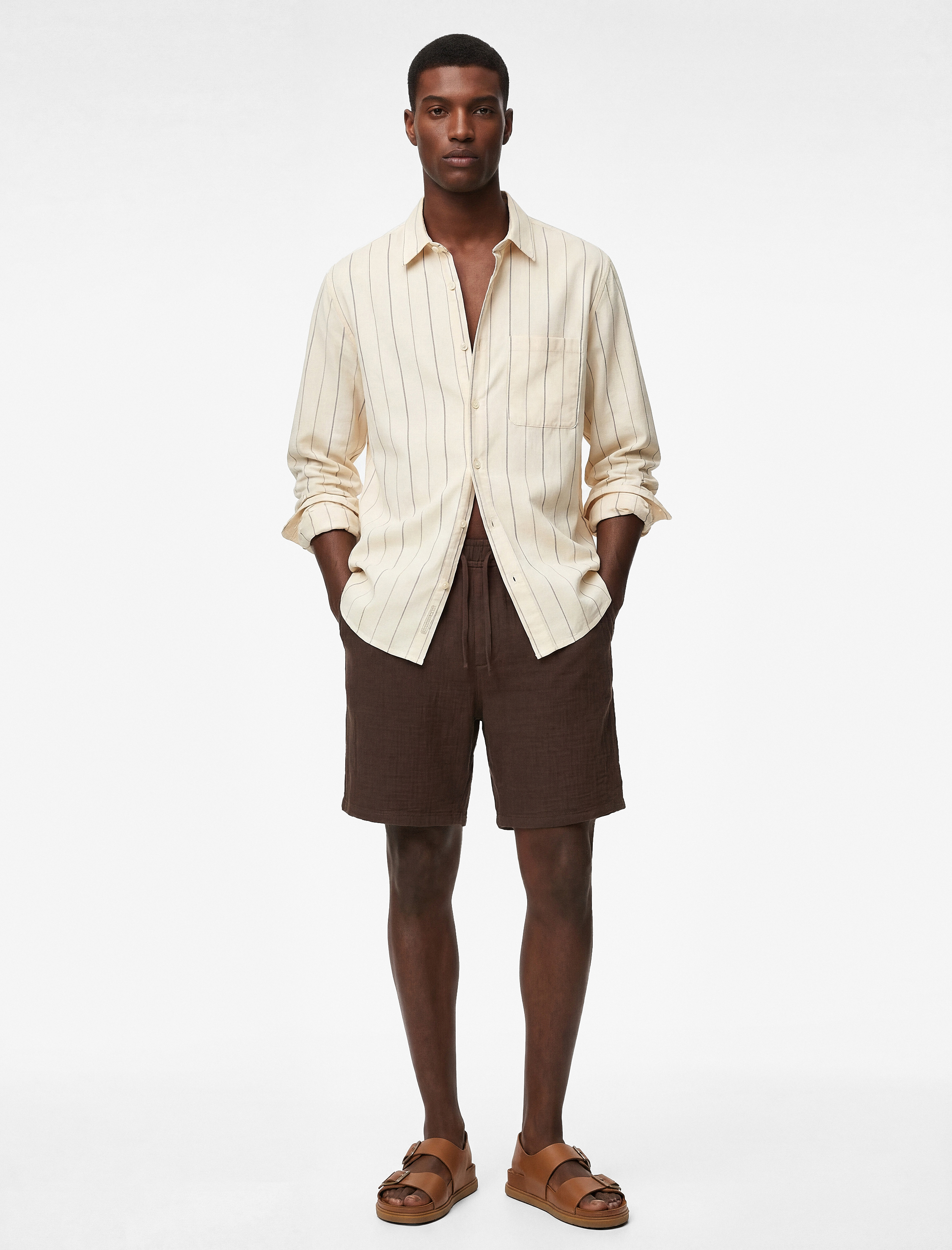 Klasik Yaka Regular Fit Pamuklu Cepli Çizgili Uzun Kollu Gömlek