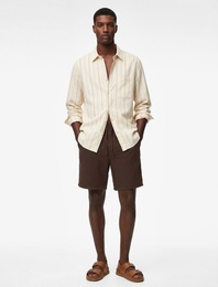 Klasik Yaka Regular Fit Pamuklu Cepli Çizgili Uzun Kollu Gömlek