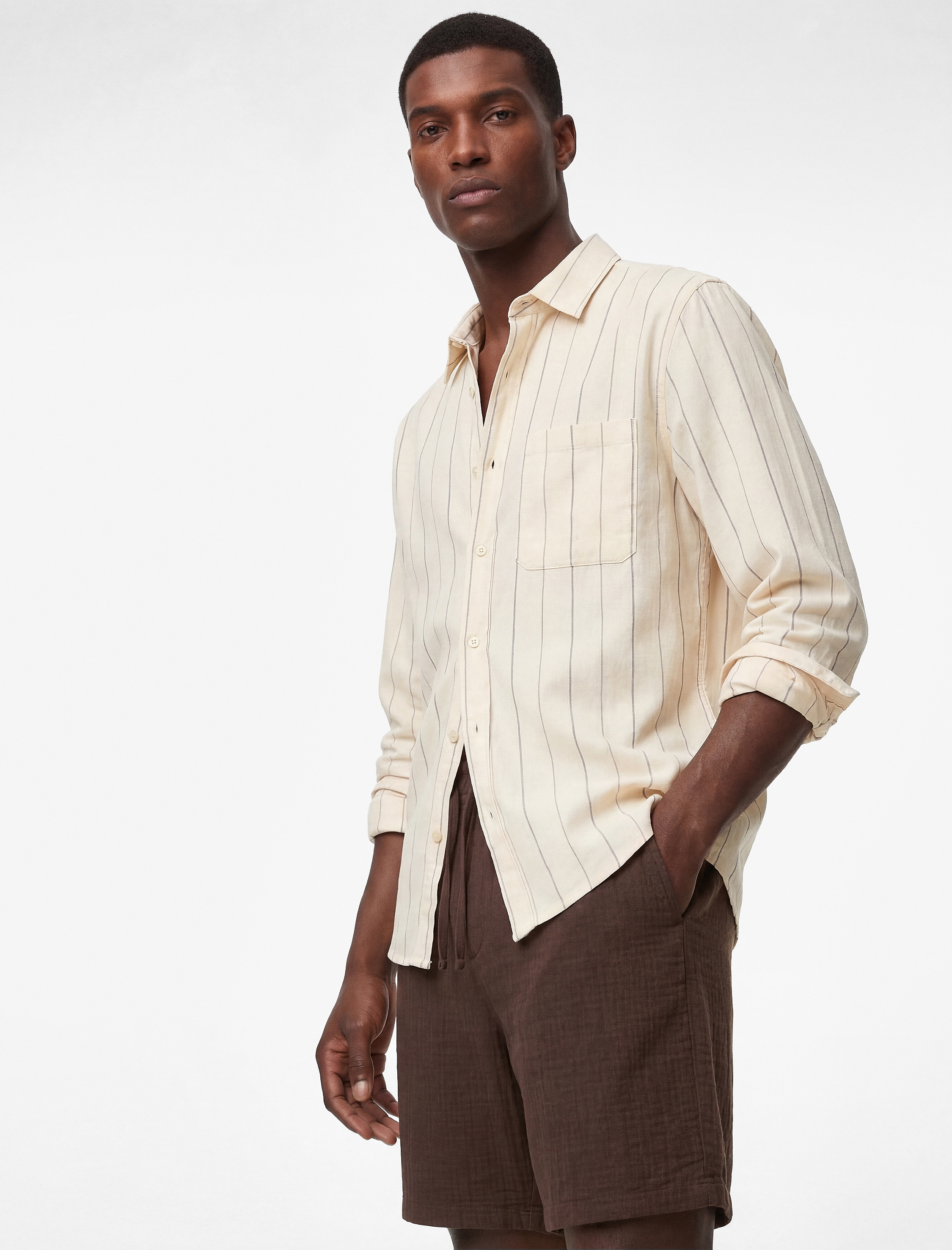 Klasik Yaka Regular Fit Pamuklu Cepli Çizgili Uzun Kollu Gömlek - Görsel 2