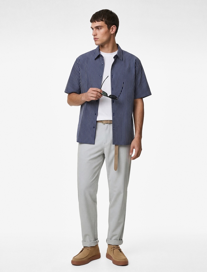  Rahat Kalıp Kısa Kollu Klasik Yaka Pamuklu Çizgili Gömlek