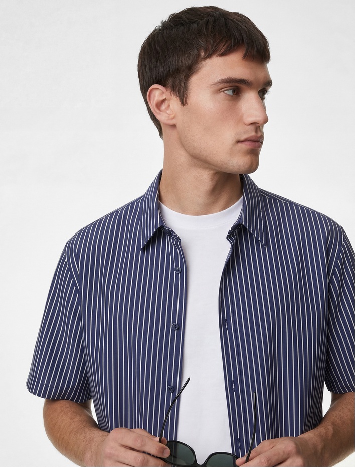  Rahat Kalıp Kısa Kollu Klasik Yaka Pamuklu Çizgili Gömlek