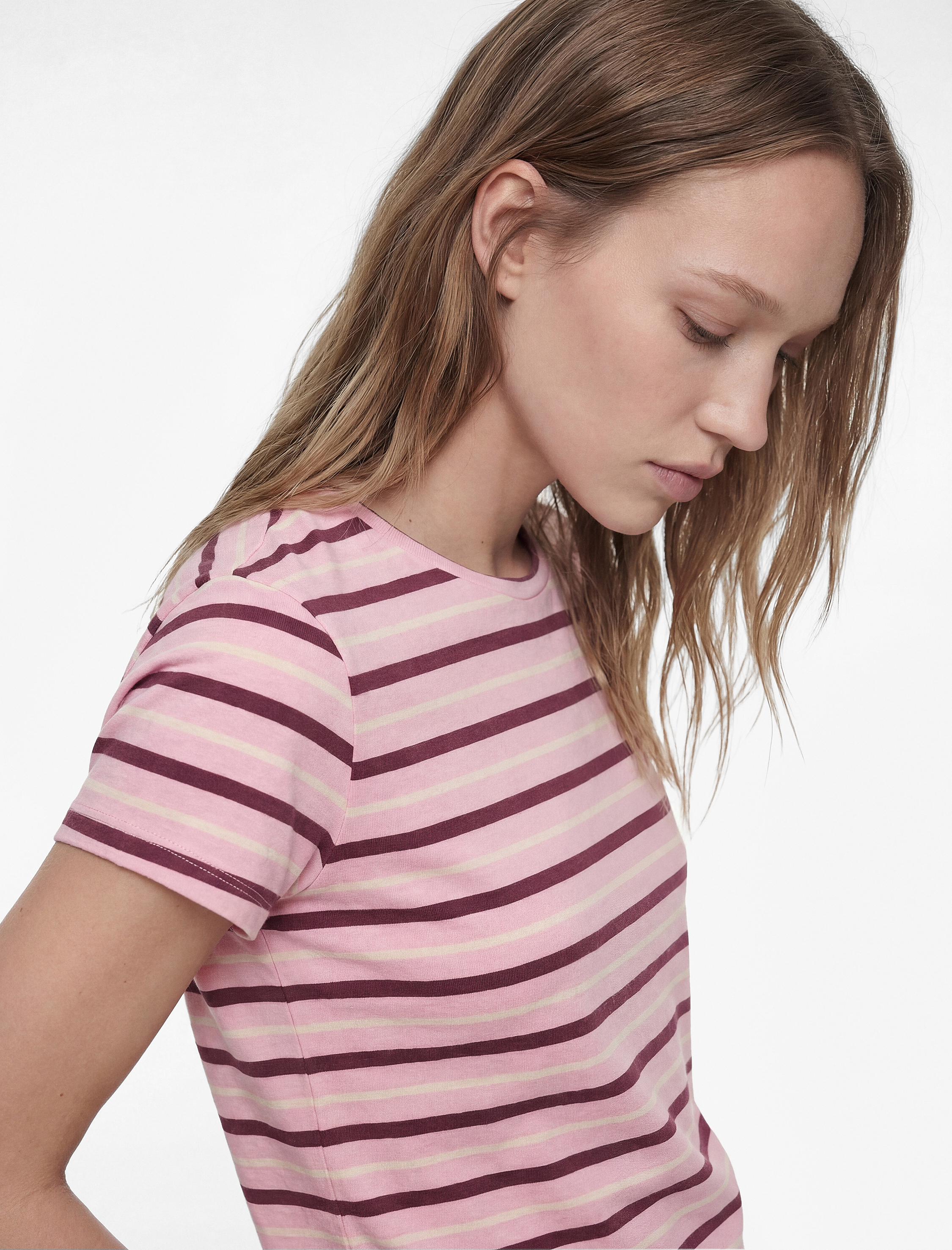   Çizgili Pamuklu Bisiklet Yaka Kısa Kollu Slim Fit Tişört