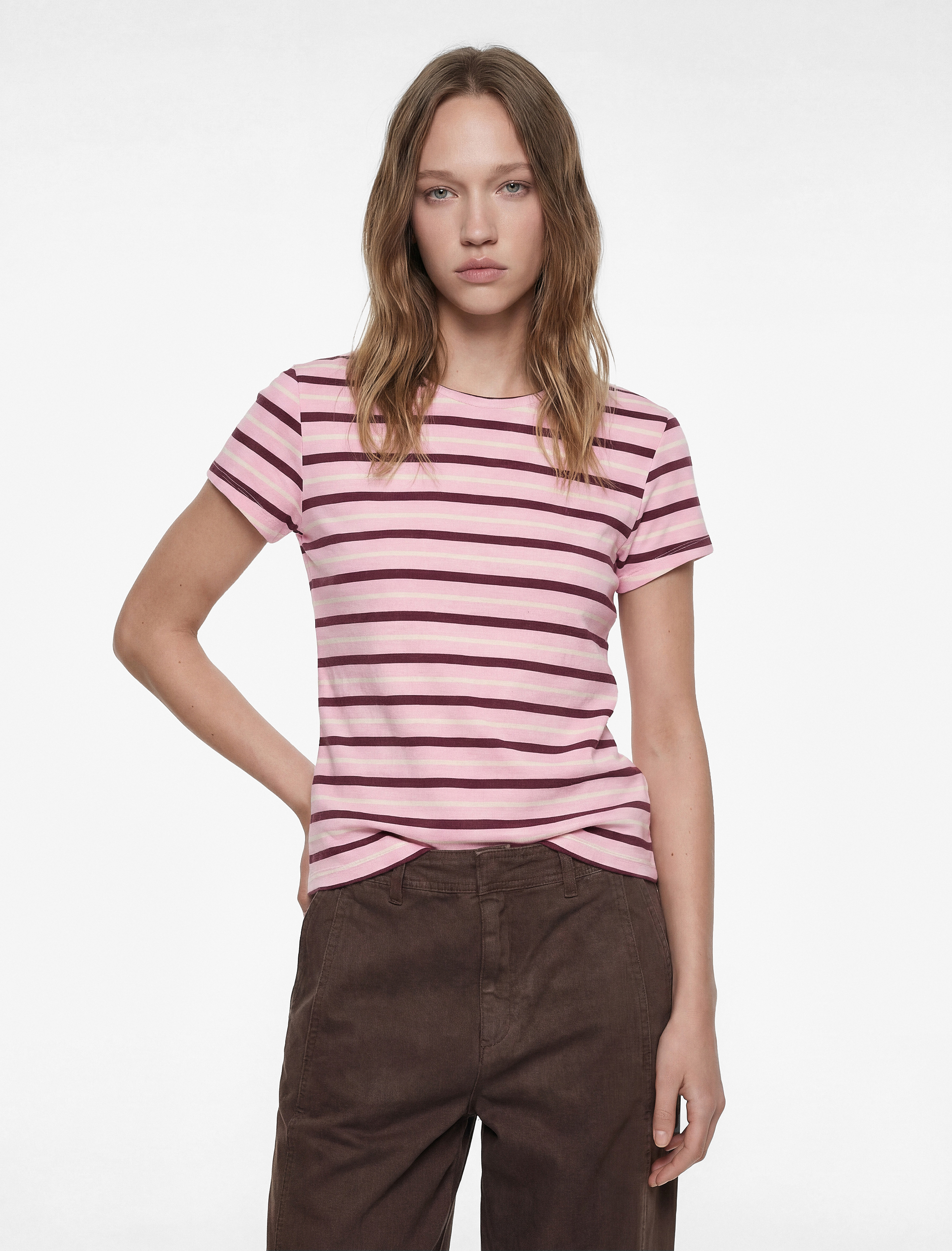   Çizgili Pamuklu Bisiklet Yaka Kısa Kollu Slim Fit Tişört