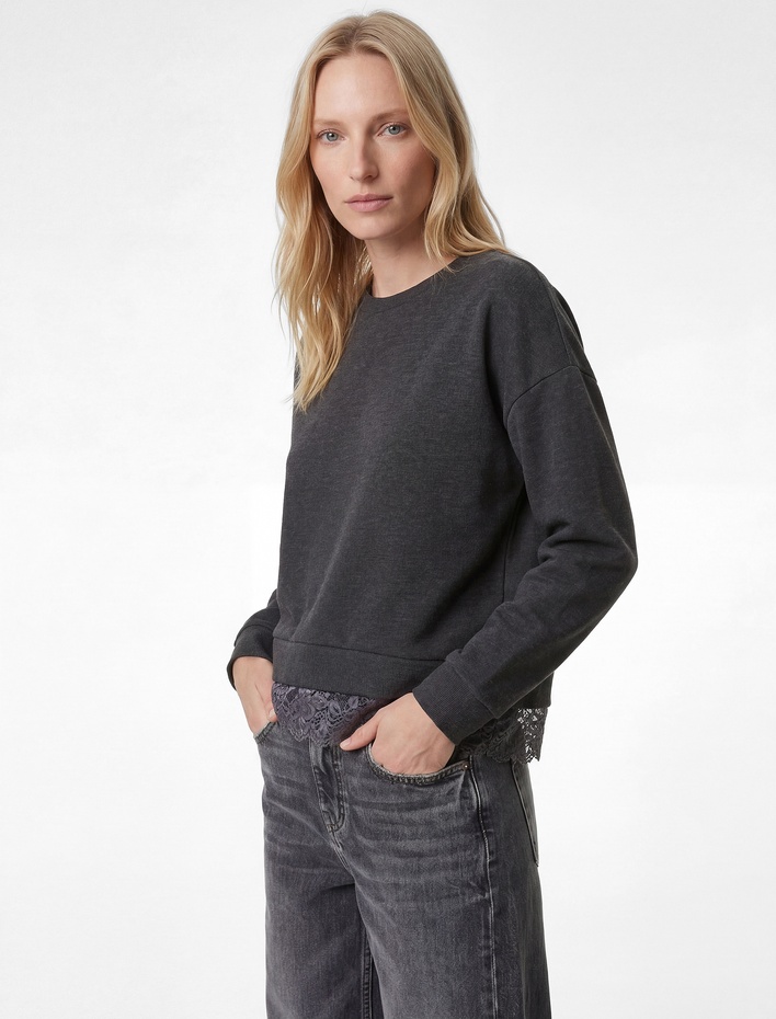  Uzun Kollu Bisiklet Yaka Dantel Detaylı Sweatshirt