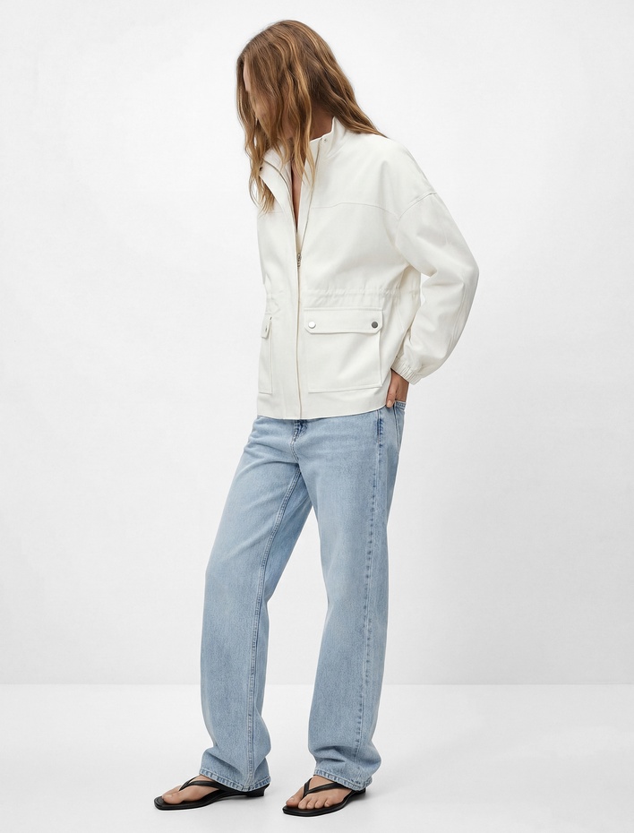  Cep Detaylı Fermuarlı Büzgülü Dik Yaka Mevsimlik Ceket