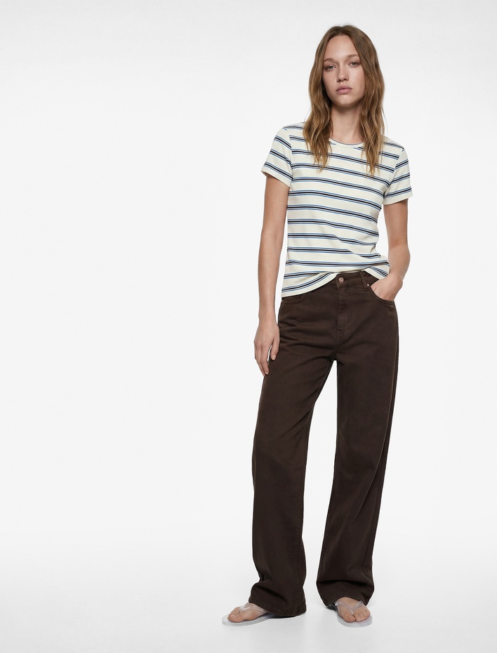  Çizgili Pamuklu Bisiklet Yaka Kısa Kollu Slim Fit Tişört