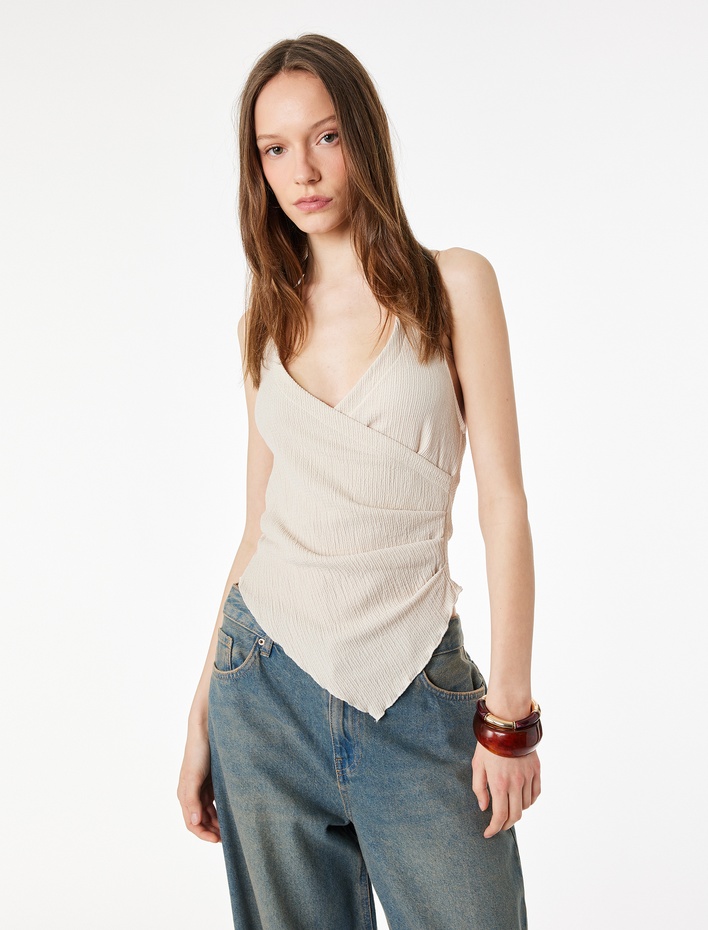  Asimetrik Bürümcük Kumaş Drapeli Kolsuz Halter Yaka Bluz