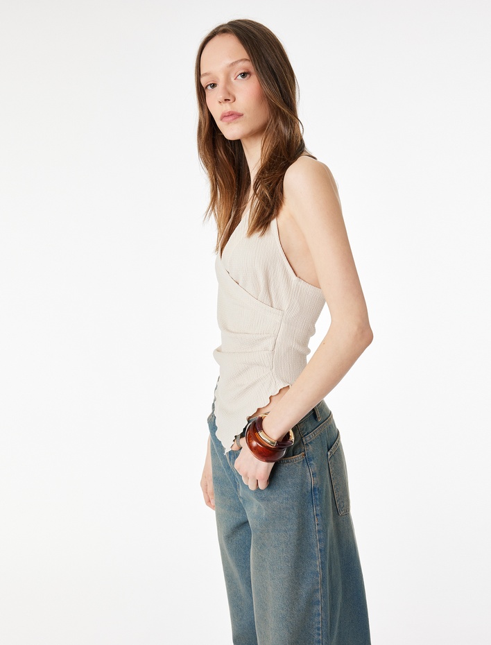  Asimetrik Bürümcük Kumaş Drapeli Kolsuz Halter Yaka Bluz