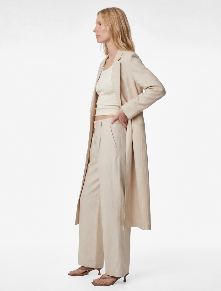  Keten Karışımlı Uzun Kollu Cepli Çizgili Kruvaze Uzun Ceket