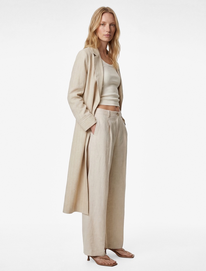  Keten Karışımlı Uzun Kollu Cepli Çizgili Kruvaze Uzun Ceket