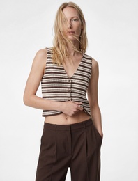 Slim Fit Düğmeli V Yaka Desenli Çizgili Yelek