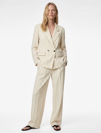 Uzun Kollu Cep Detaylı Düğmeli Çizgili Kruvaze Yaka Blazer Ceket