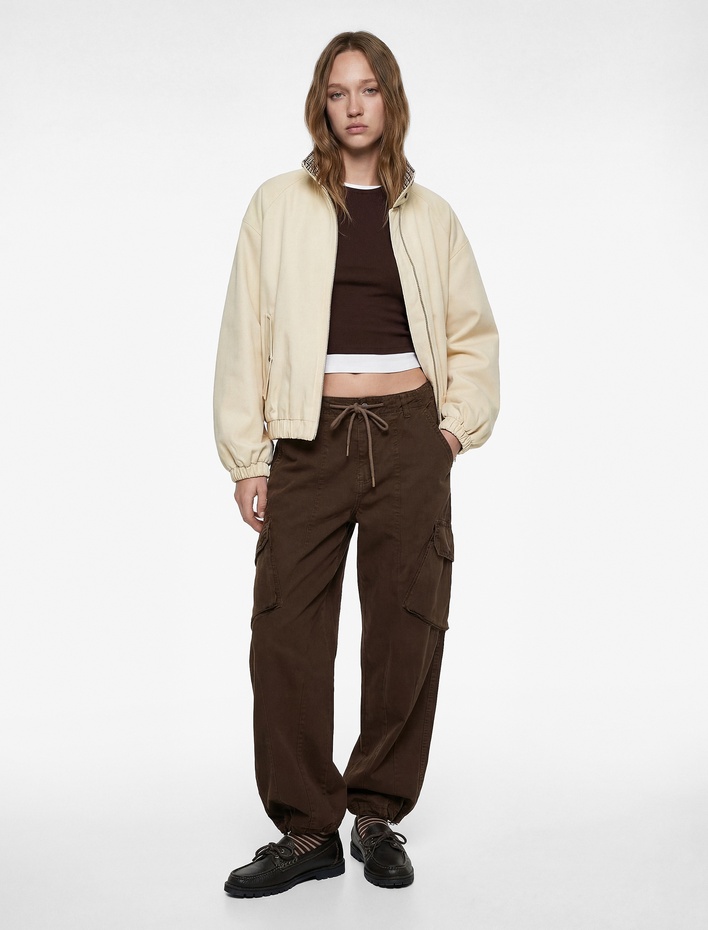  Pamuklu Uzun Kollu Dik Yaka Fermuarlı Cepli Mevsimlik Ceket