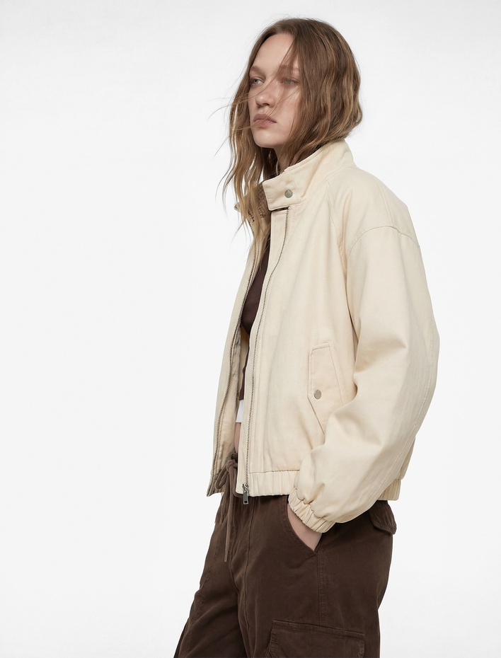  Pamuklu Uzun Kollu Dik Yaka Fermuarlı Cepli Mevsimlik Ceket