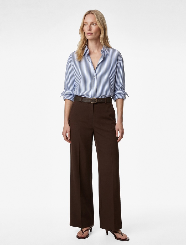  Cepli Düz Bol Paça Kemerli Kumaş Pantolon