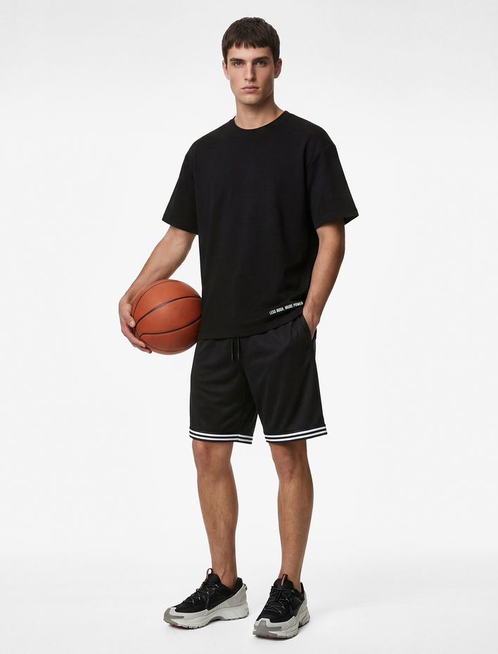  Rahat Kalıp Kısa Kollu Bisiklet Yaka Baskılı Viskon Spor Tişört