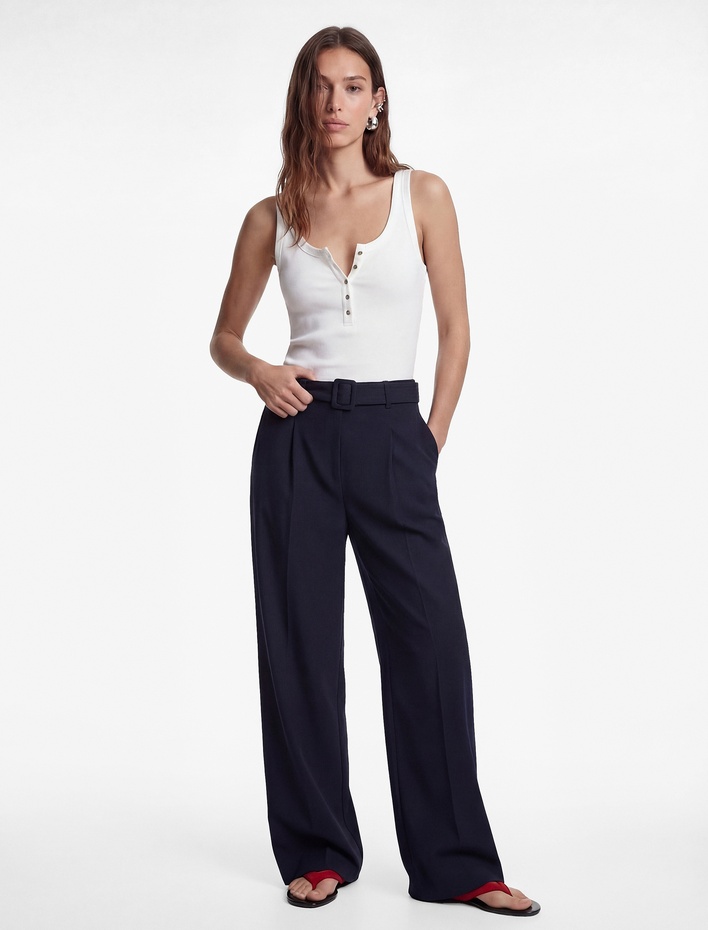  Cepli Pile Detaylı Kemer Detaylı Geniş Paça Kumaş Pantolon