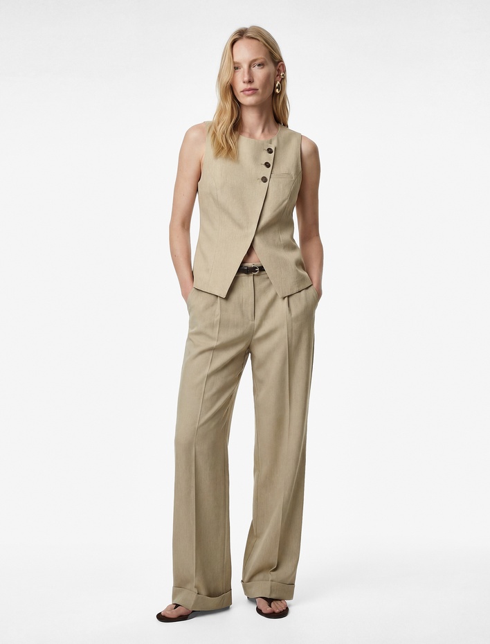  Asimetrik Kesim Düğme Detaylı Kolsuz Viskon Karışımlı Blazer Yelek