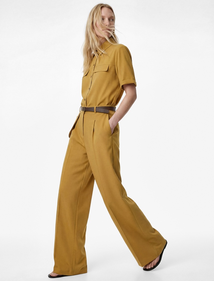  Yüksek Bel Cep Detaylı Kemerli Geniş Paça Kumaş Pantolon