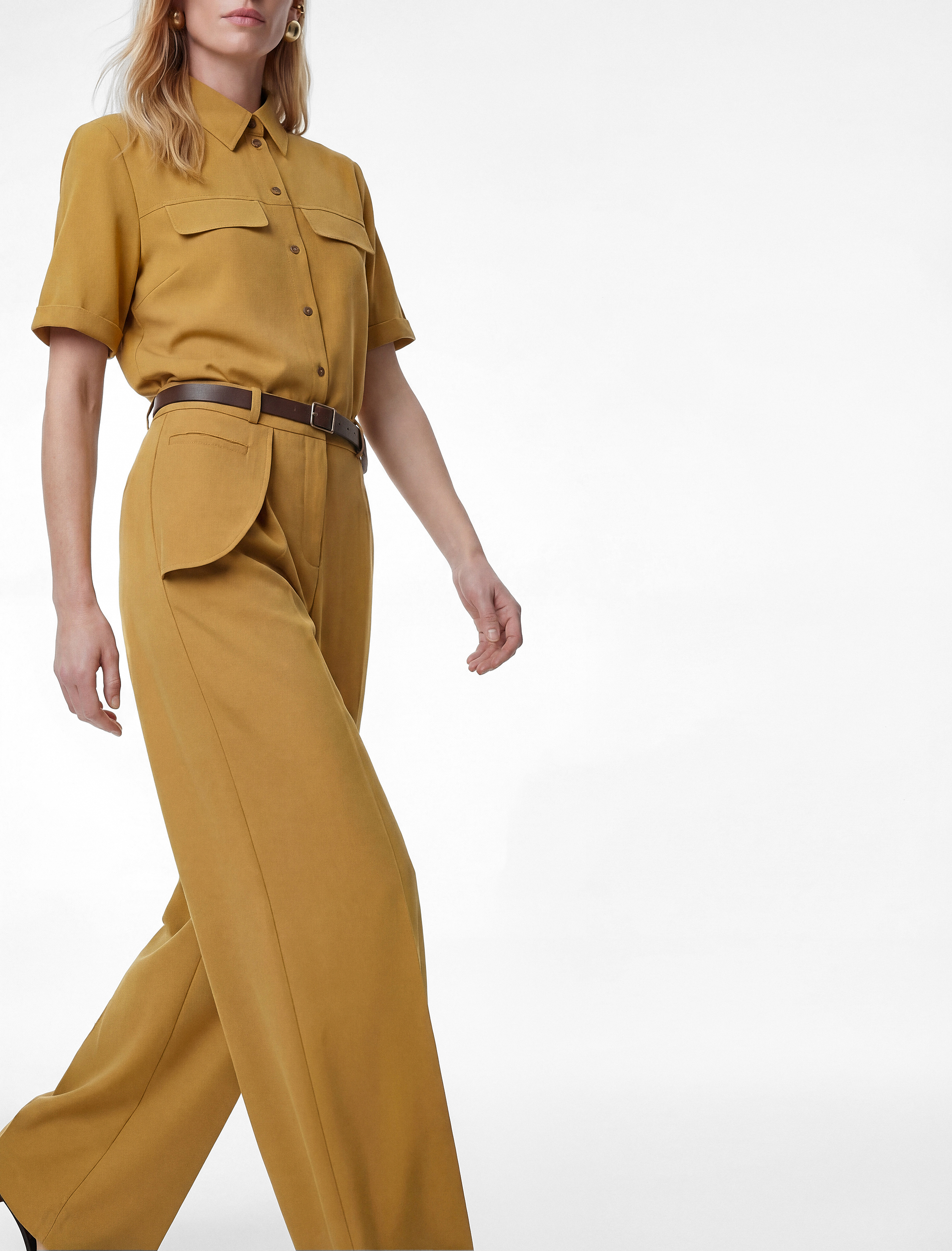 Yüksek Bel Cep Detaylı Kemerli Geniş Paça Kumaş Pantolon - Görsel 4