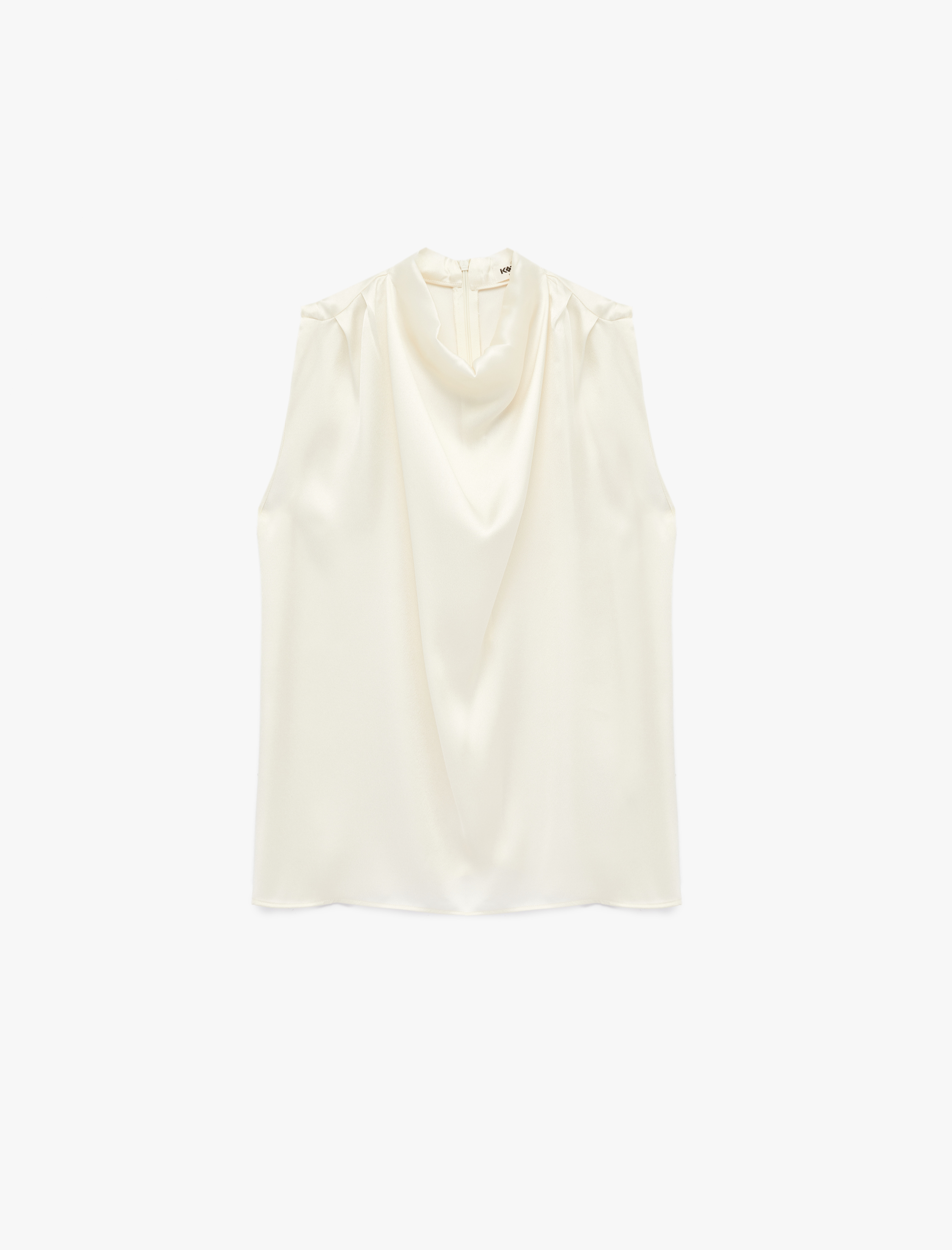   Dik Yaka Kolsuz Drape Detaylı Saten Bluz