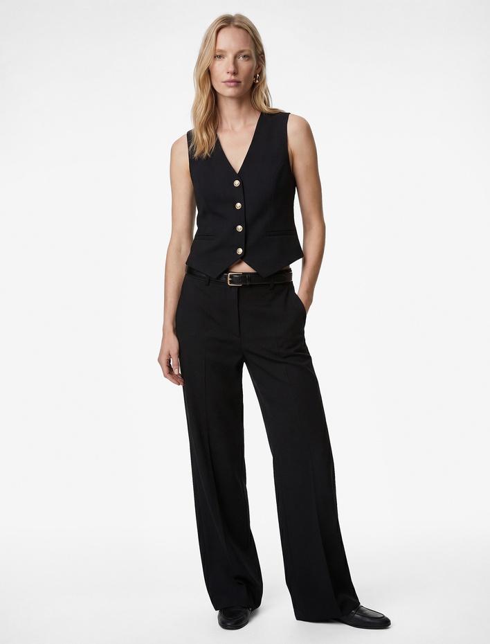  Metal Düğme Detaylı Kolsuz V Yaka Blazer Yelek