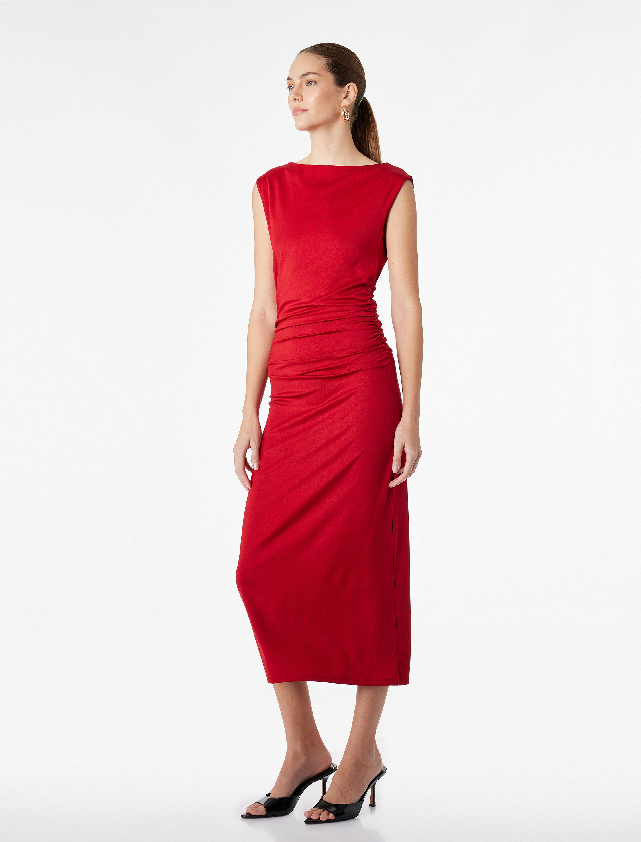 Bisiklet Yaka Kolsuz Drape Detaylı Midi Boy Kalem Elbise - Görsel 2