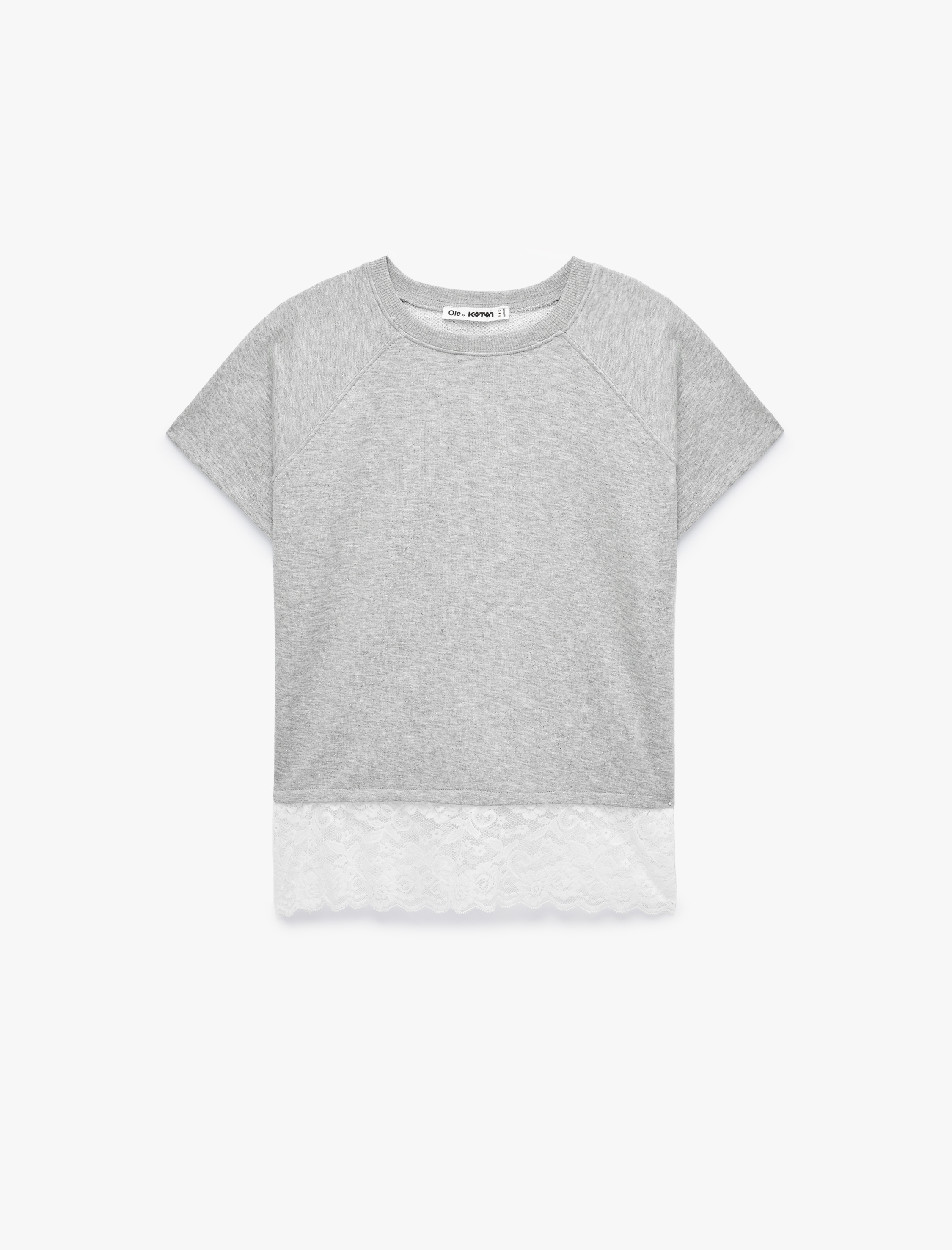   Kısa Kollu Bisiklet Yaka Dantel Detaylı Tişört