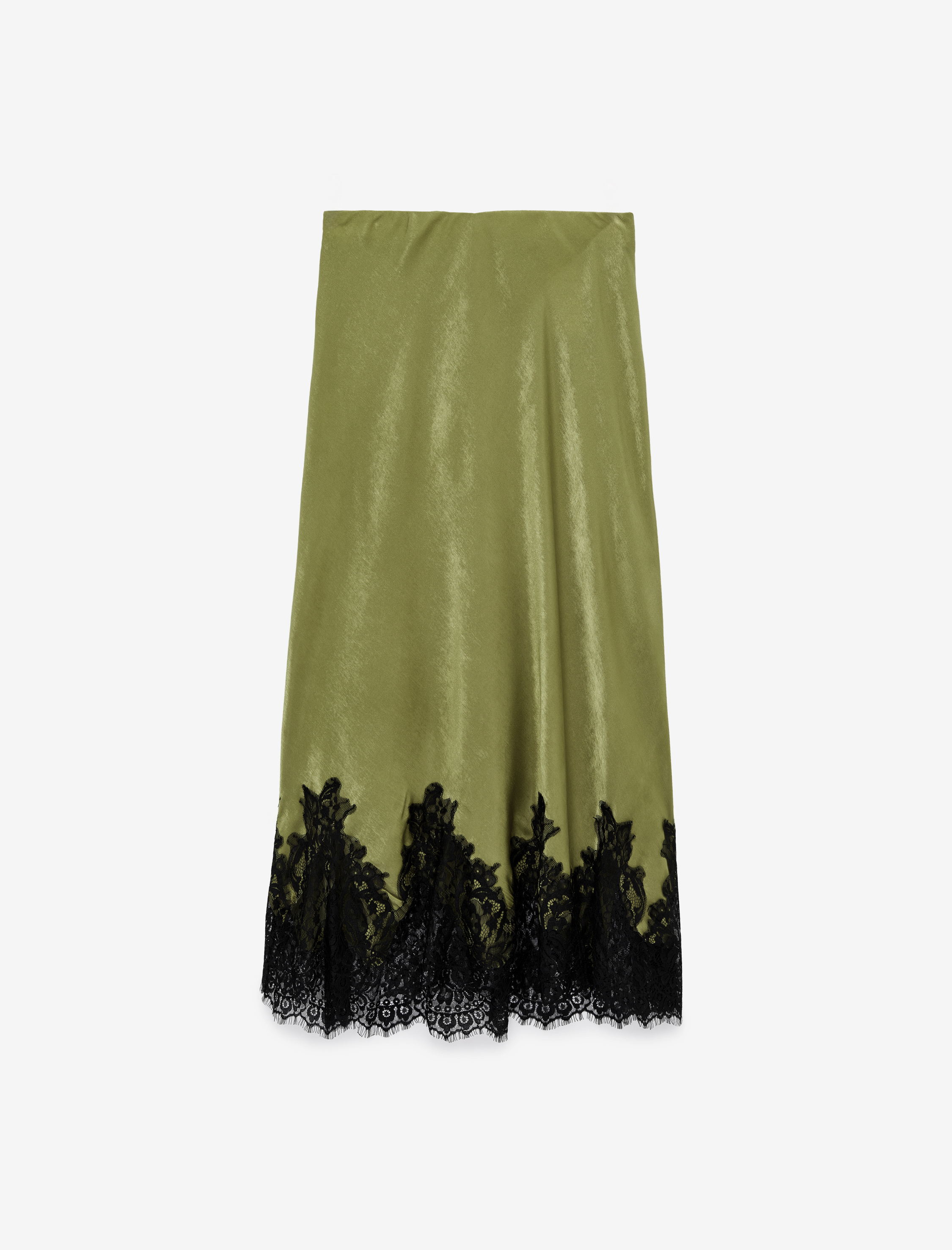   Yüksek Bel Dantel Detaylı Uzun Saten Etek