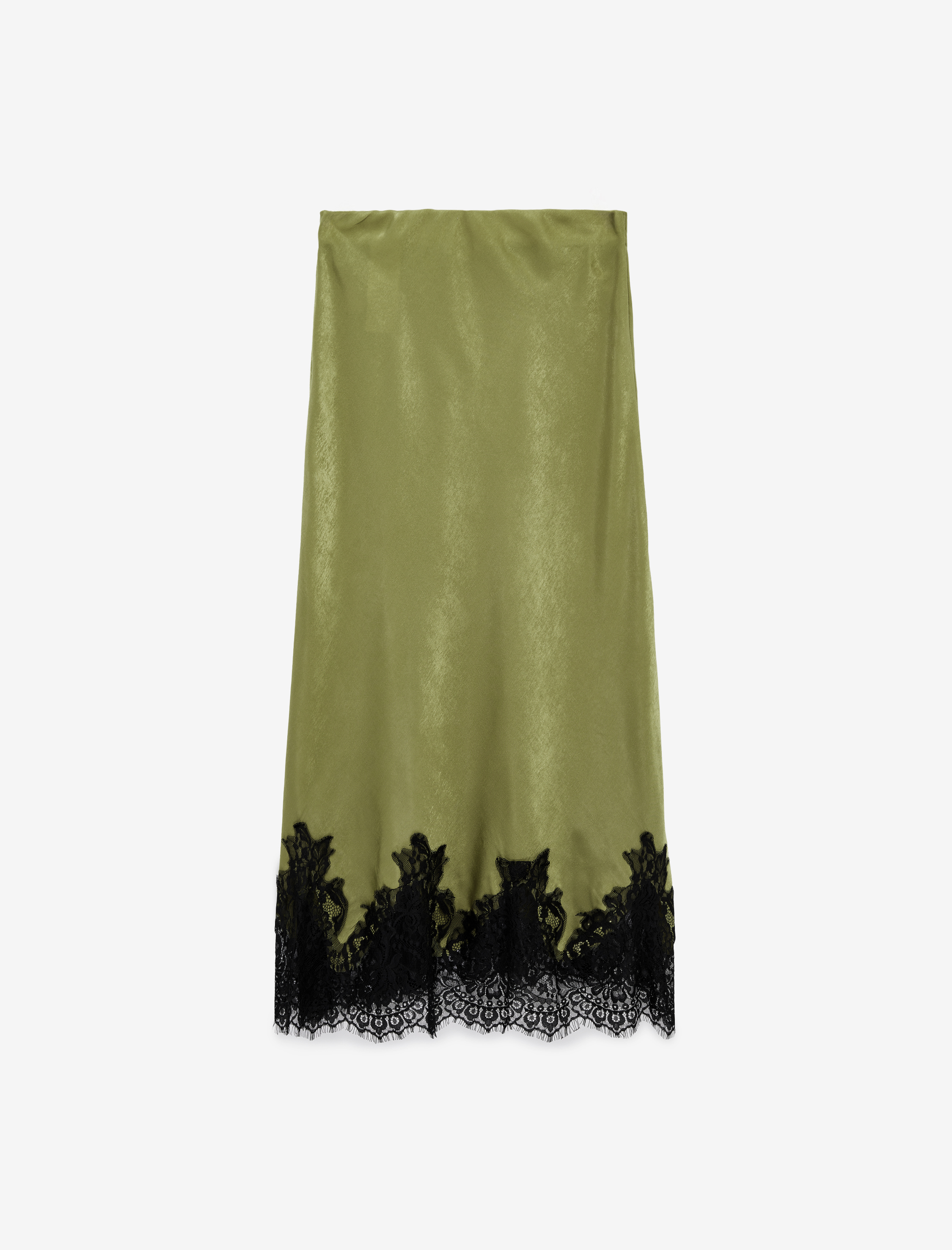   Yüksek Bel Dantel Detaylı Uzun Saten Etek