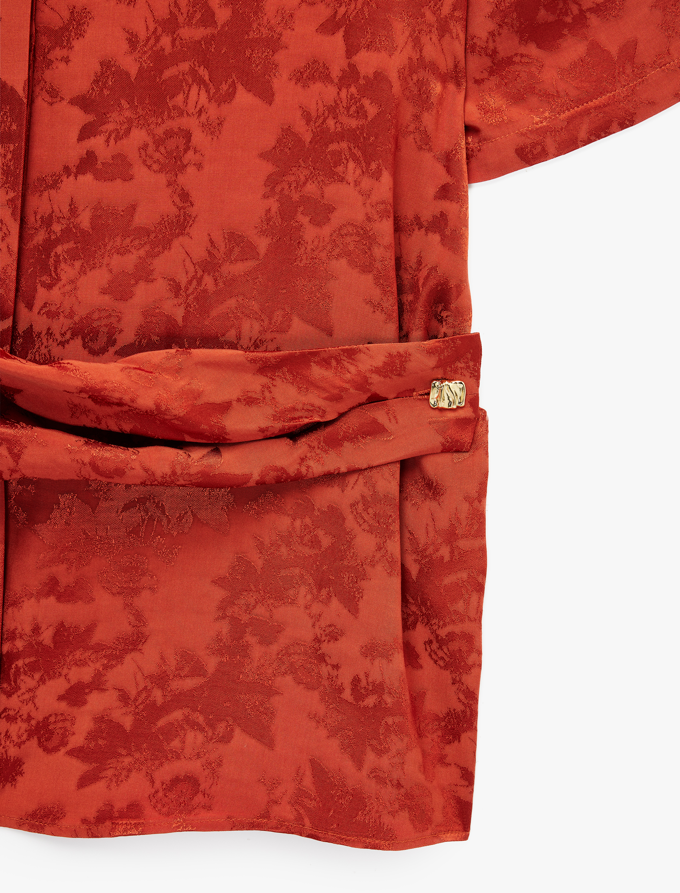 Viskon Kumaş Floral Dokulu Aksesuarlı Kısa Kollu Gömlek - Görsel 7