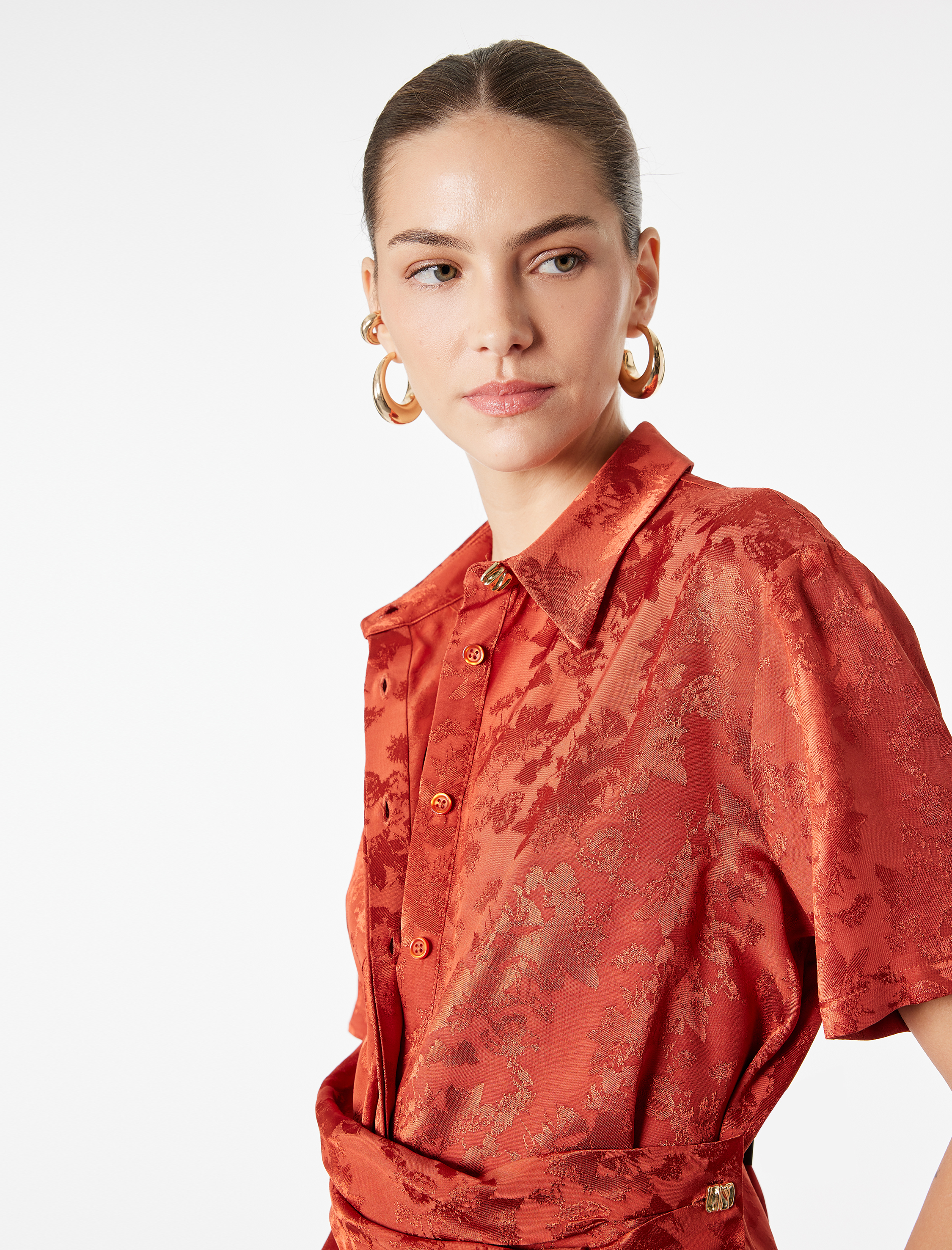 Viskon Kumaş Floral Dokulu Aksesuarlı Kısa Kollu Gömlek - Görsel 3