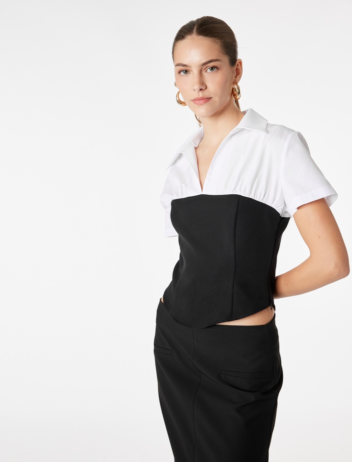  Pamuklu Slim Fit Renk Kontrastlı Kısa Kollu Korse Detaylı Gömlek