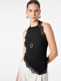 Bürümcük Kumaş Asimetrik Kesim Dantel Detaylı Halter Yaka Bluz