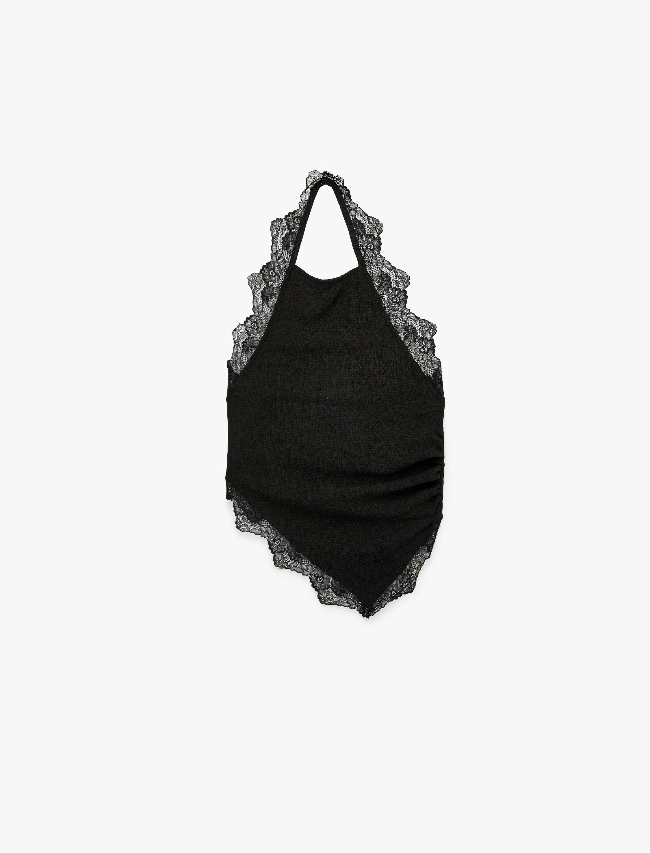   Bürümcük Kumaş Asimetrik Kesim Dantel Detaylı Halter Yaka Bluz