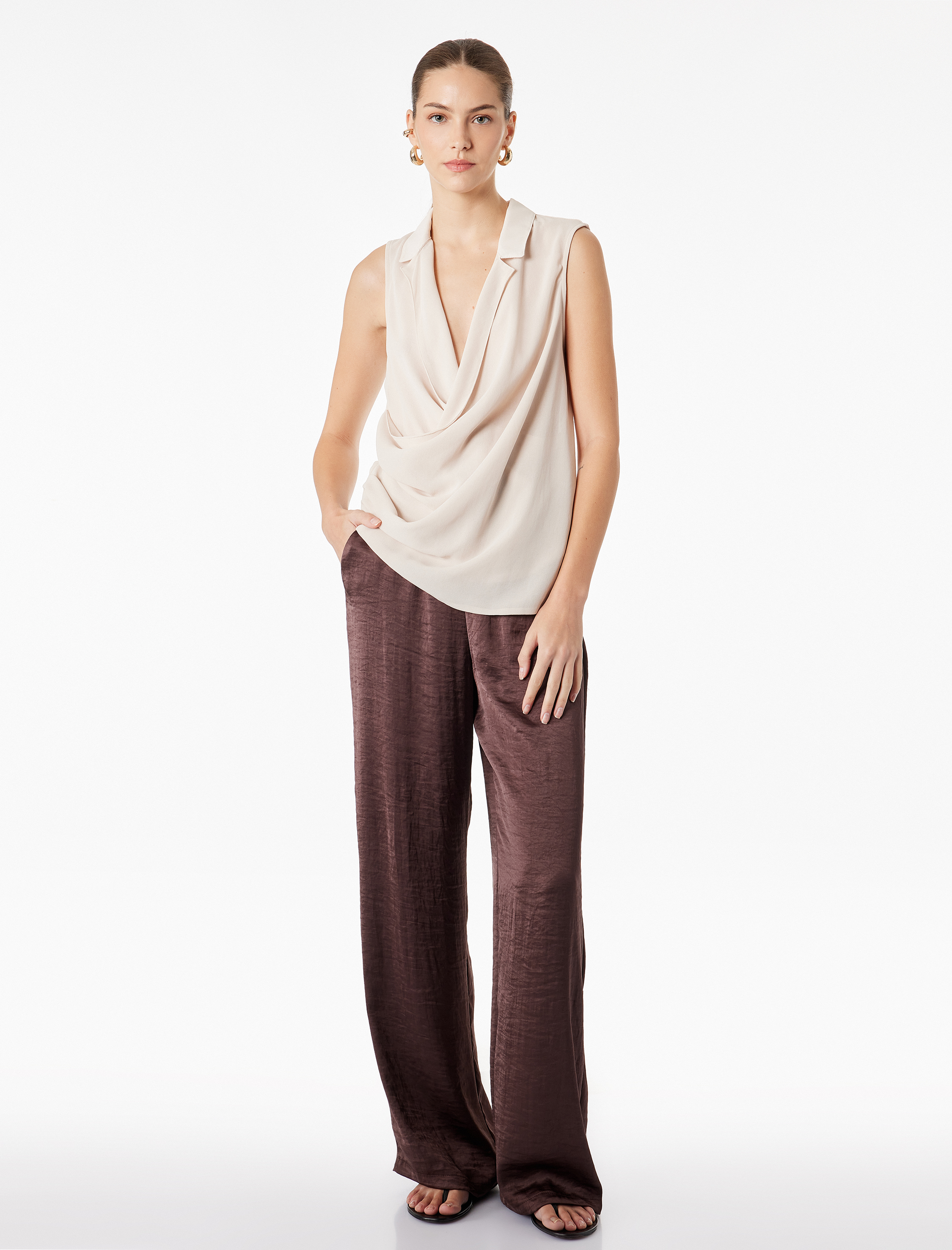   Beli Lastikli Bağlamalı Cepli Geniş Paça Saten Pantolon