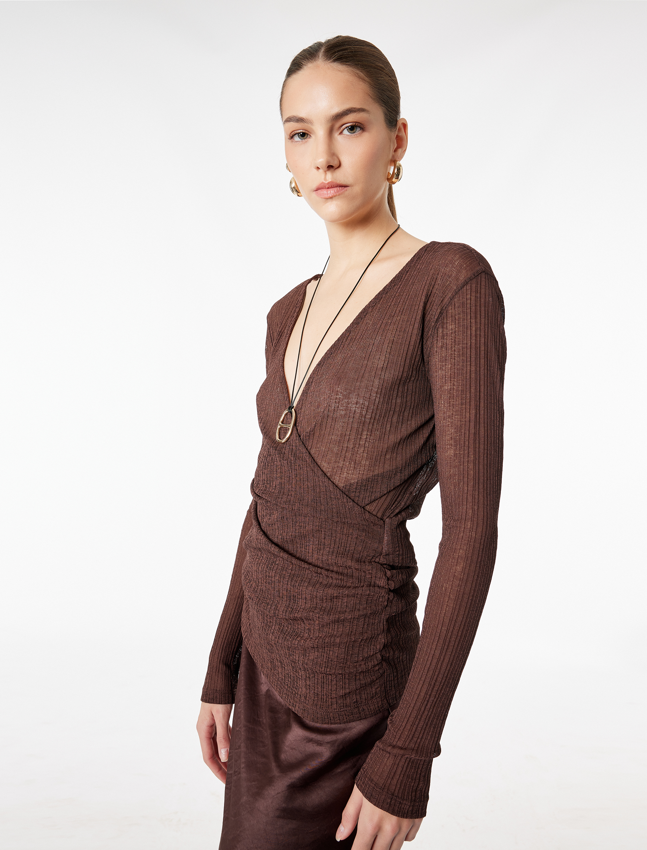   Slim Fit Uzun Kollu Dokulu V Yaka Kruvaze Bluz