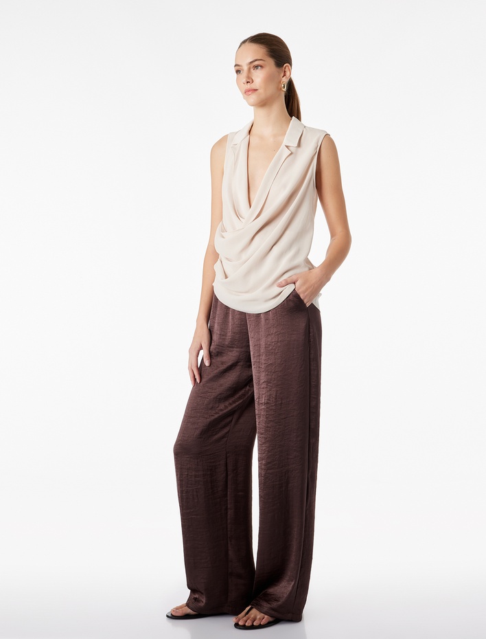  Beli Lastikli Bağlamalı Cepli Geniş Paça Saten Pantolon