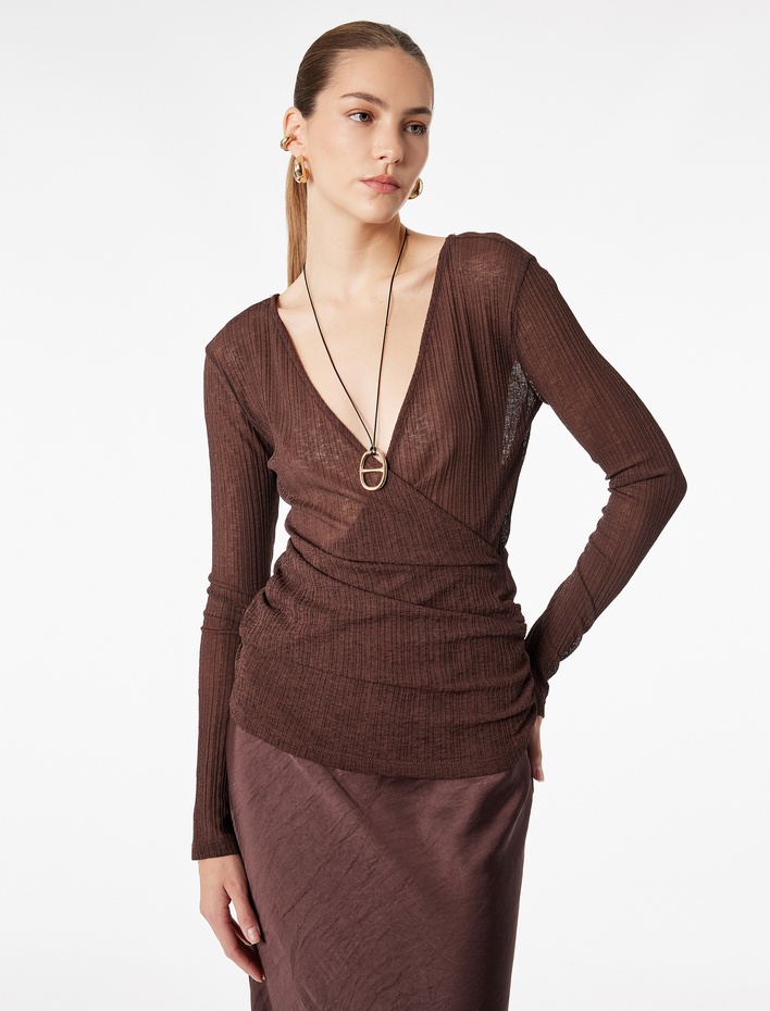  Slim Fit Uzun Kollu Dokulu V Yaka Kruvaze Bluz