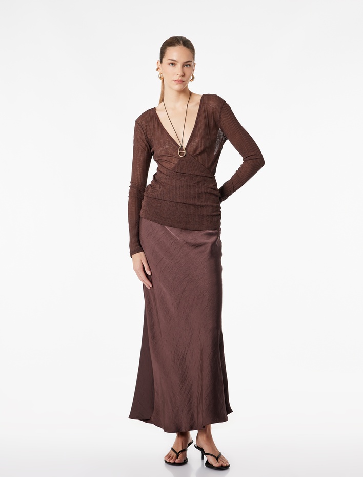  Slim Fit Uzun Kollu Dokulu V Yaka Kruvaze Bluz