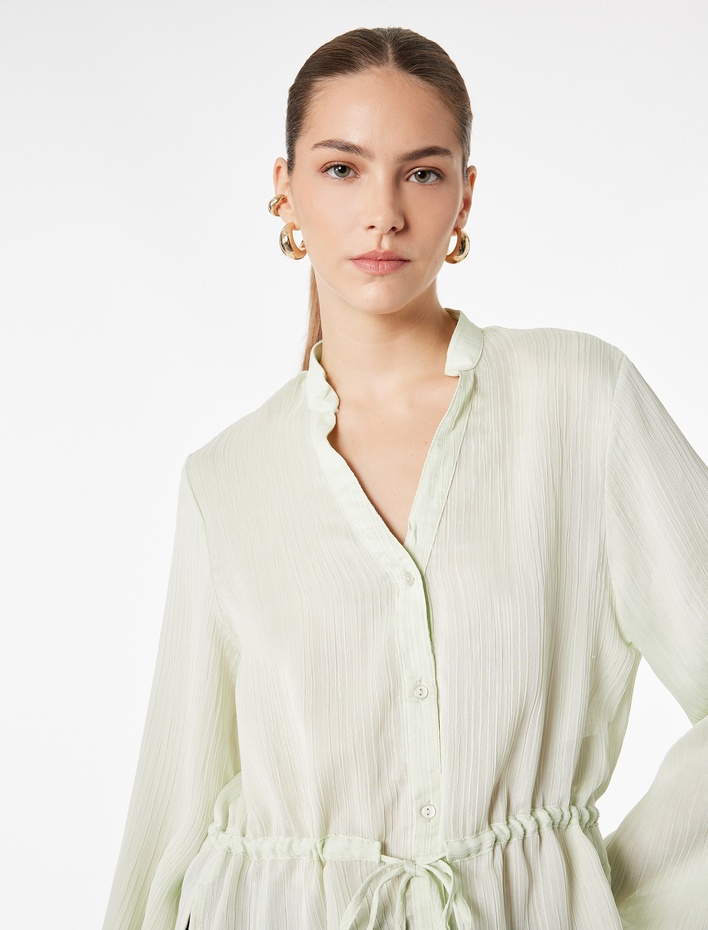  Hakim Yaka Uzun Balon Kollu Beli Bağcıklı Şifon Gömlek