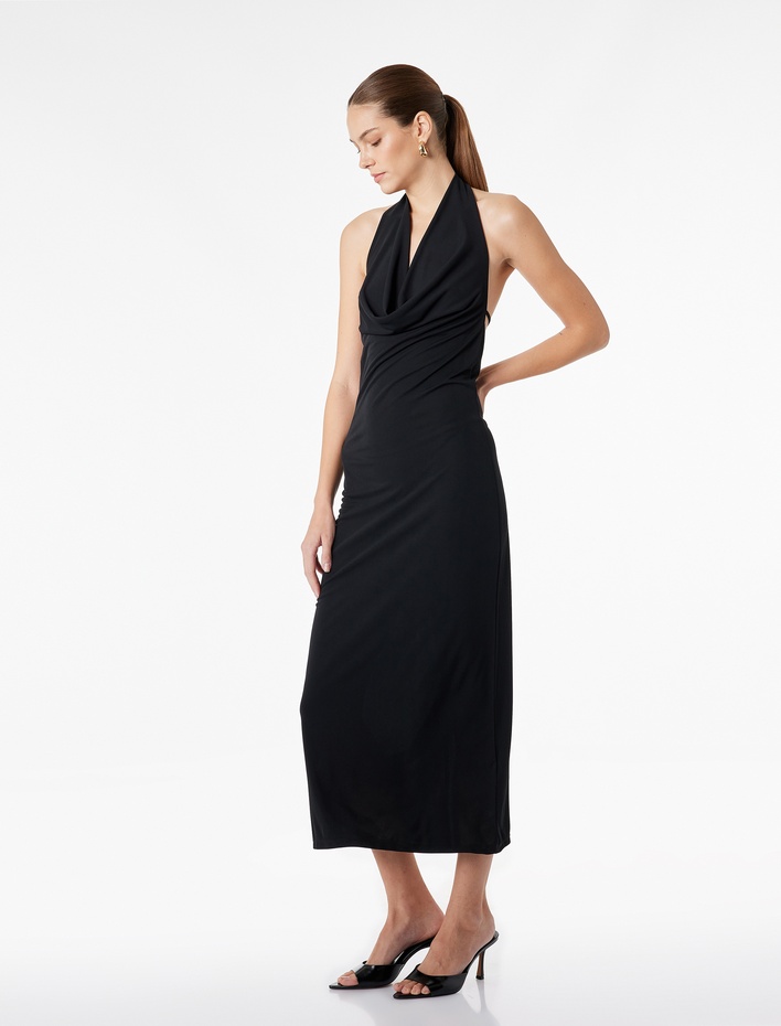 Slim Fit Sırt Dekolteli Halter Yaka Midi Elbise