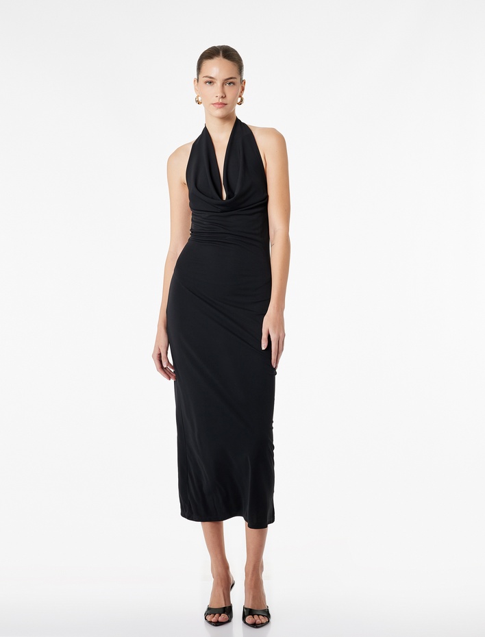  Slim Fit Sırt Dekolteli Halter Yaka Midi Elbise