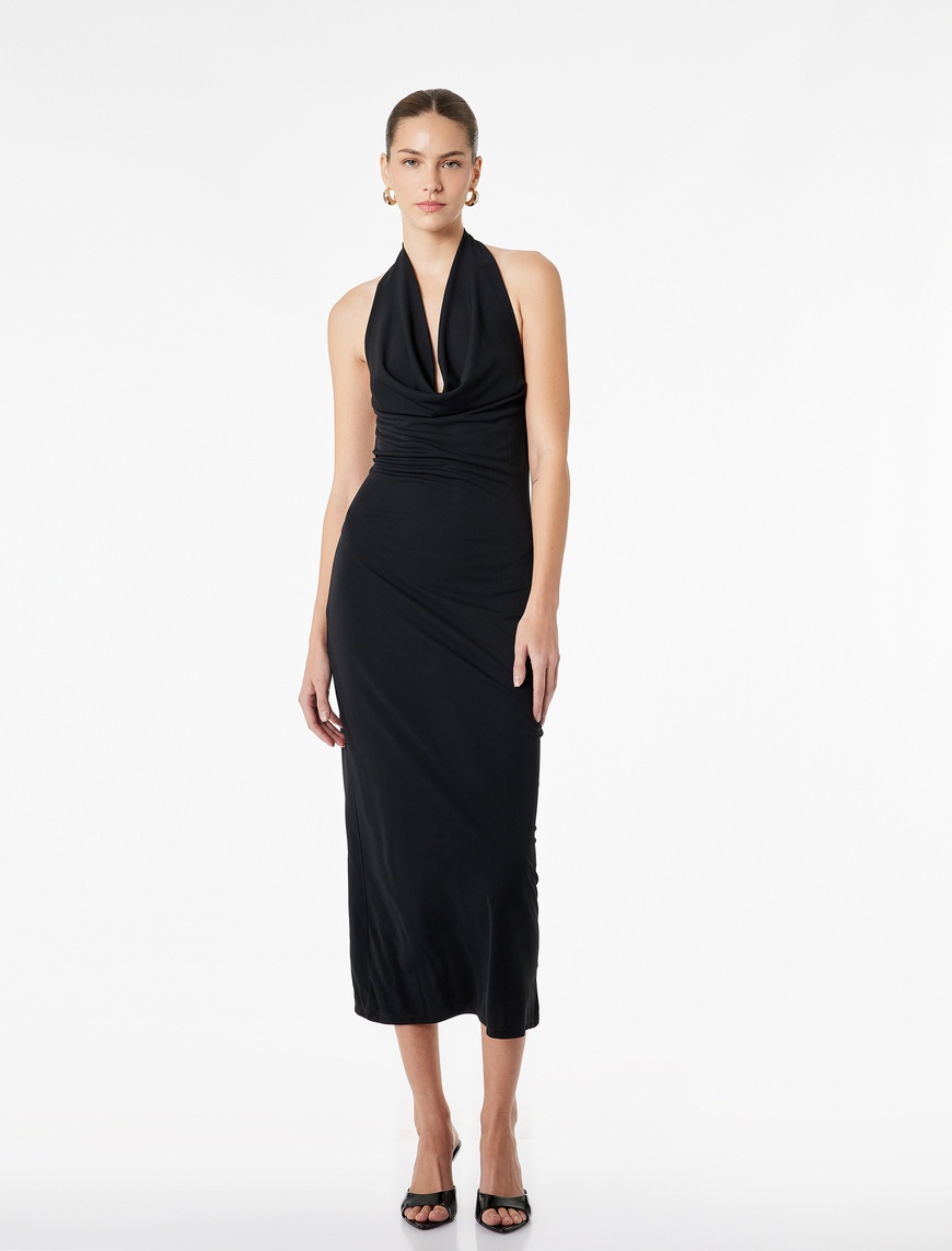 Koton Kadın Slim Fit Sırt Dekolteli Halter Yaka Midi Elbise