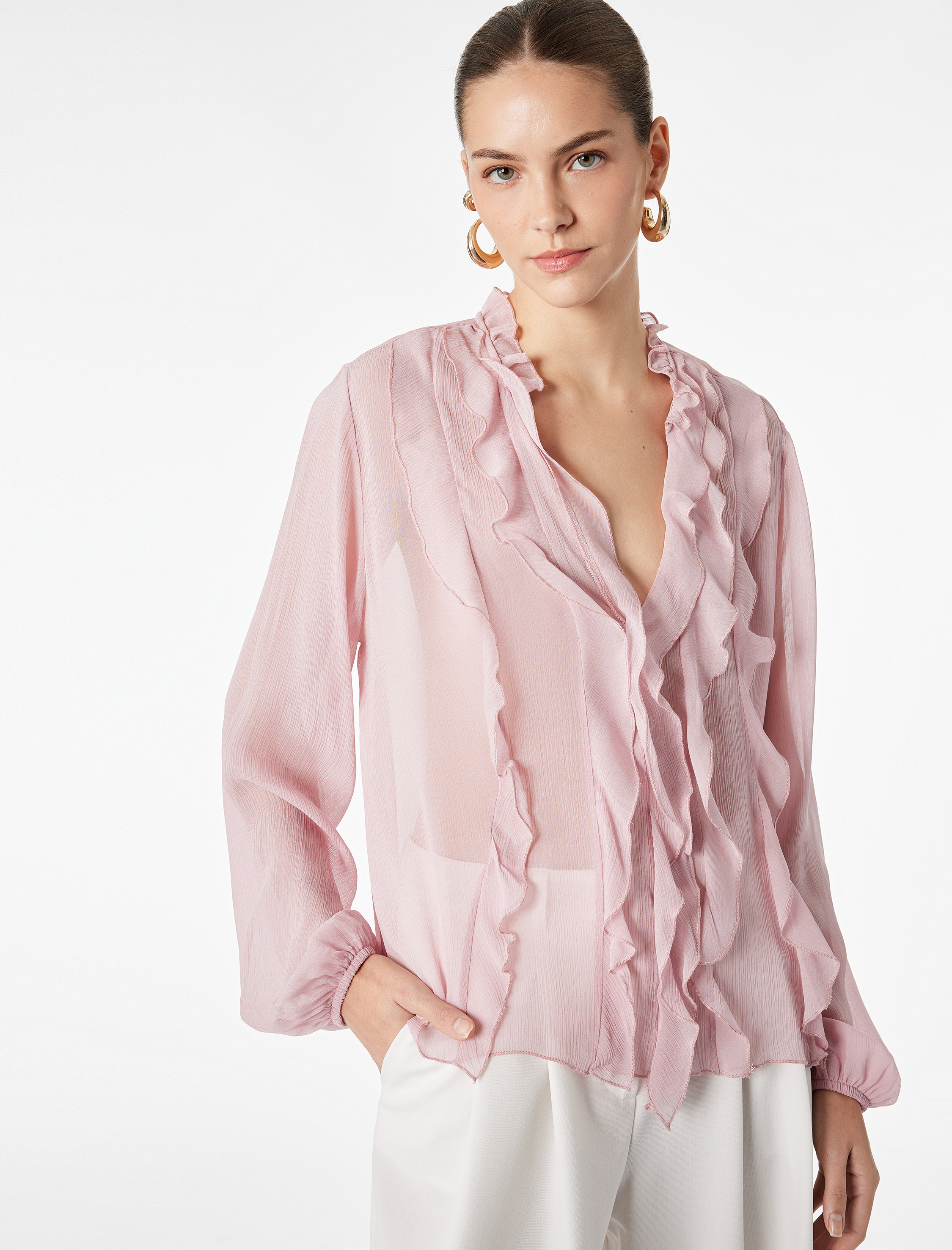   Viskon Düğmeli Uzun Kollu Fırfır Detaylı Şifon Gömlek