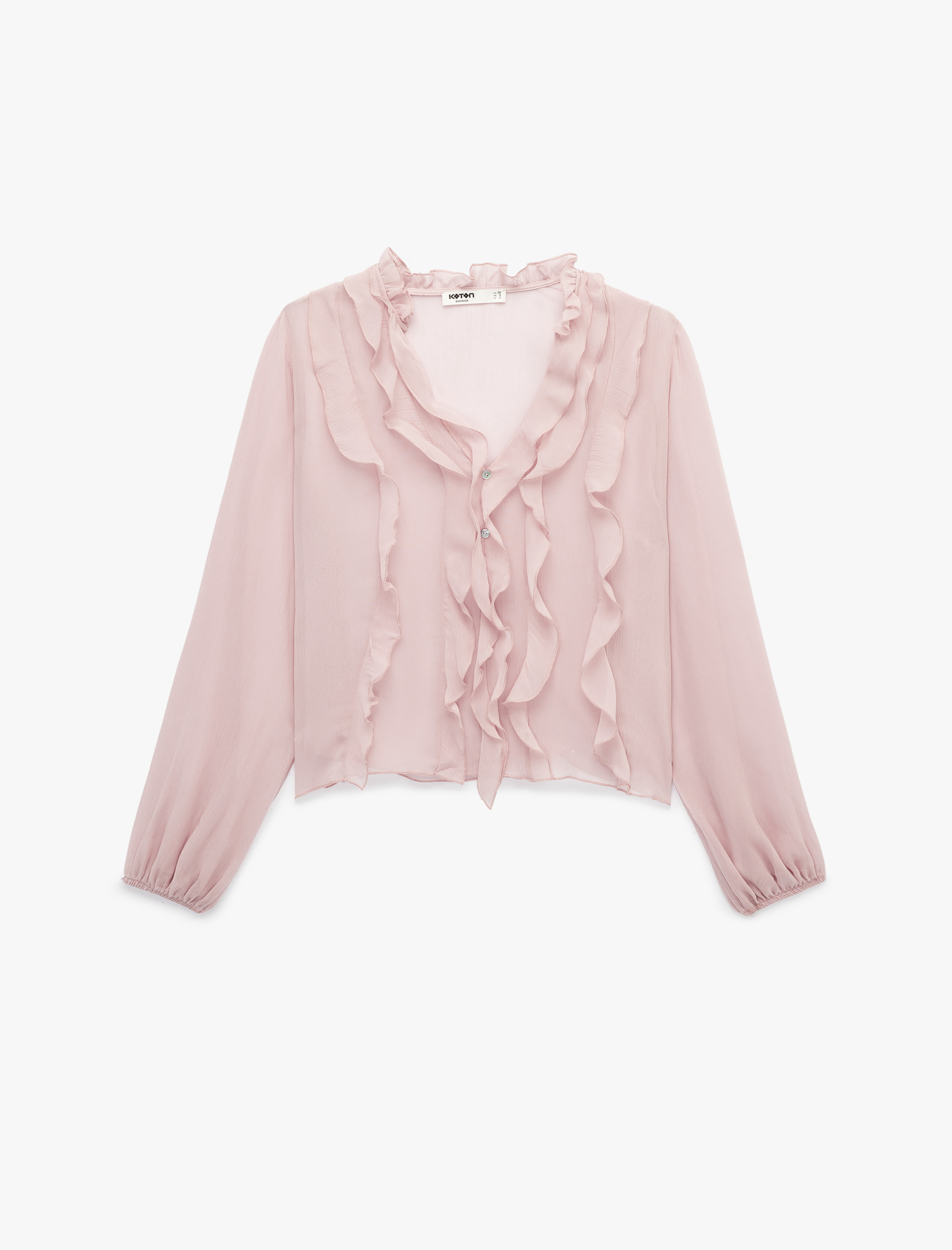   Viskon Düğmeli Uzun Kollu Fırfır Detaylı Şifon Gömlek