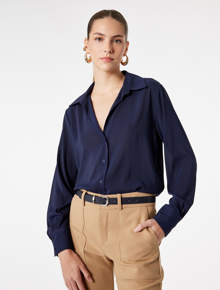  Regular Fit Düğmeli Uzun Kollu Şifon Gömlek