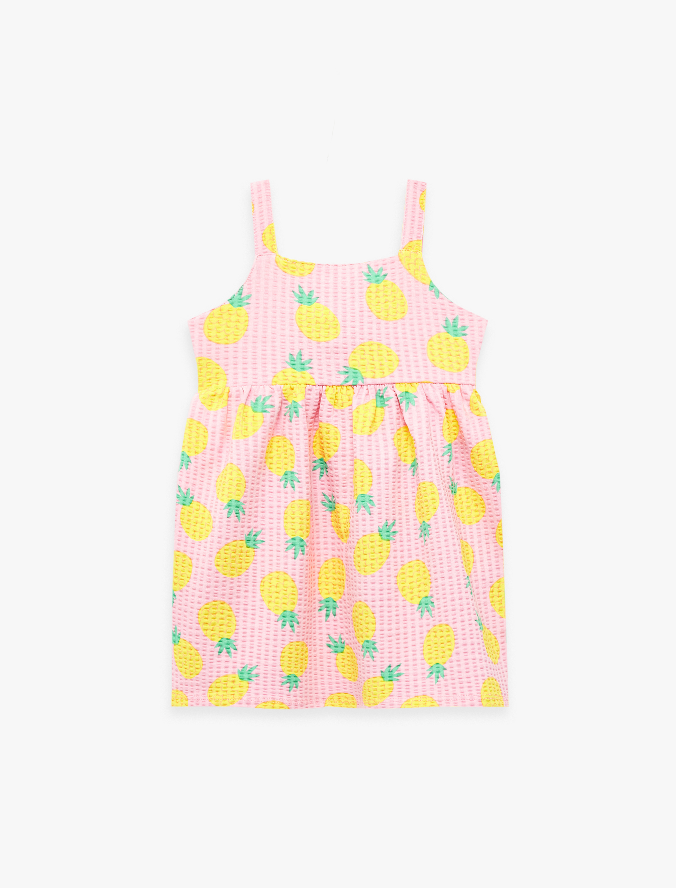  Kız Bebek Ananas Desenli Bağlama Detaylı Pamuklu İnce Askılı Elbise