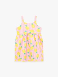 Ananas Desenli Bağlama Detaylı Pamuklu İnce Askılı Elbise