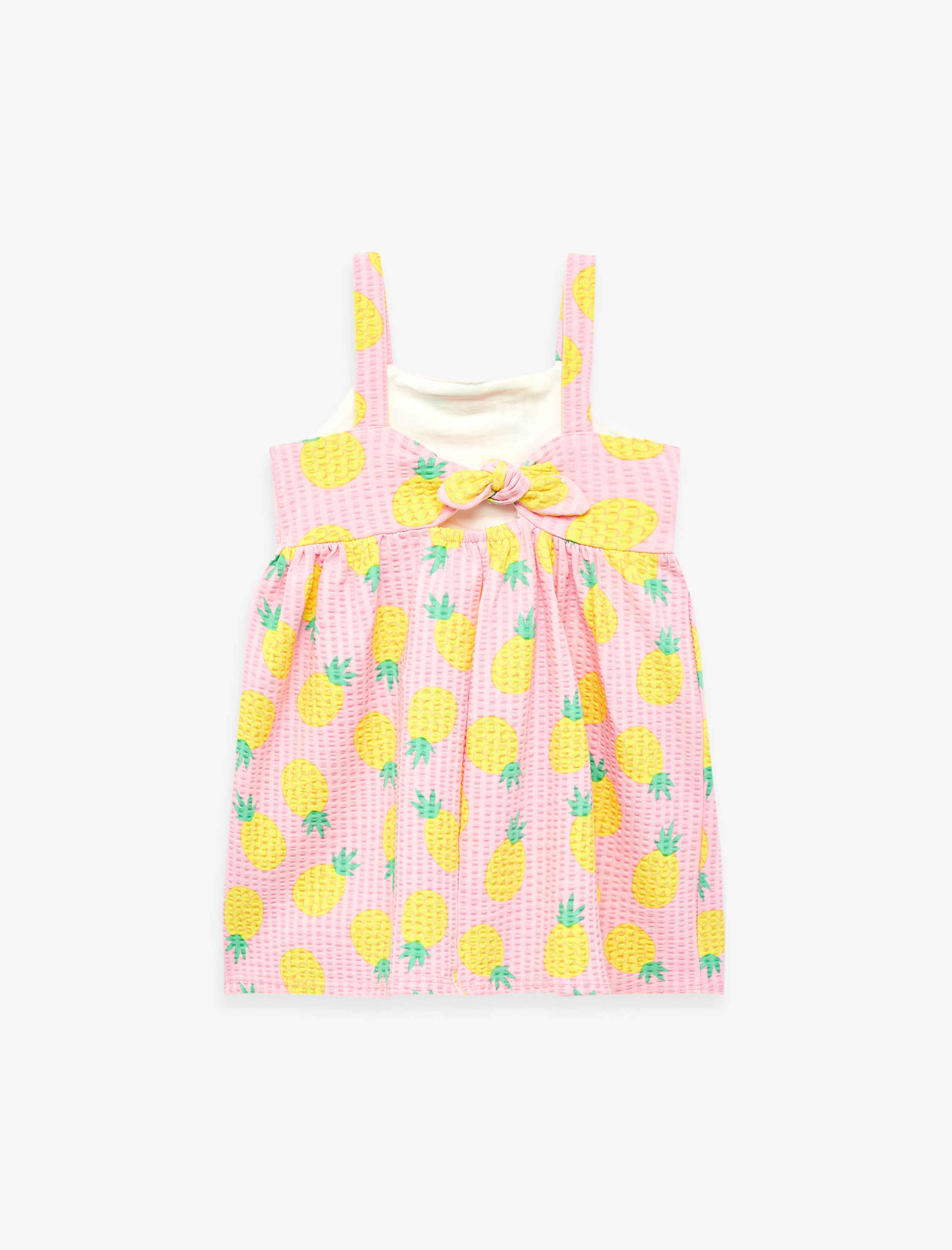  Kız Bebek Ananas Desenli Bağlama Detaylı Pamuklu İnce Askılı Elbise